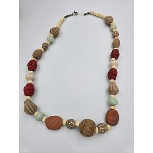 Handcrafted Artisan Terracotta Clay Cinnabar Bead Necklace Boho‎ Necklace